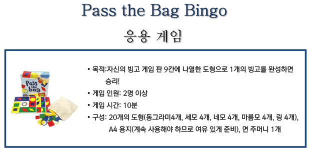 목적:자신의 빙고 게임 판 9칸에 나열한 도형으로 1개의 빙고를 완성하면 승리!
?게임 인원: 2명 이상
?게임 시간: 10분
?구성: 20개의 도형(동그라미4개, 세모 4개, 네모 4개, 마름모 4개, 링 4개), A4 용지(게임 중 계속 사용해야 하므로 여유 있게 준비한다.), 면 주머니 1개