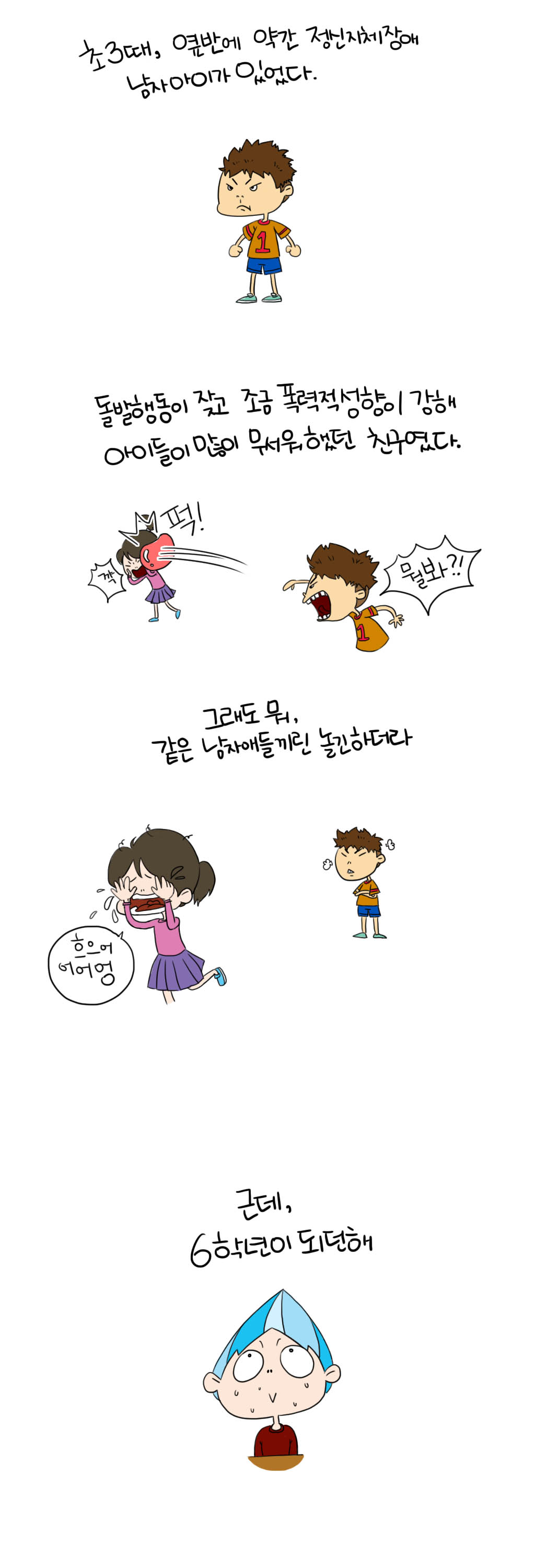 초3때,옆반에 약간 정신지체장애
남자아이가 있었다.
돌발행동이 잦고 조금 폭력적성향이 강해
아이들이 많이 무서워했던 친구였다.
뭘봐?! 퍽! 깍
그래도 뭐,
같은 남자애들끼린 놀긴하더라
흐으어어어엉
근데,
6학년이 되던해