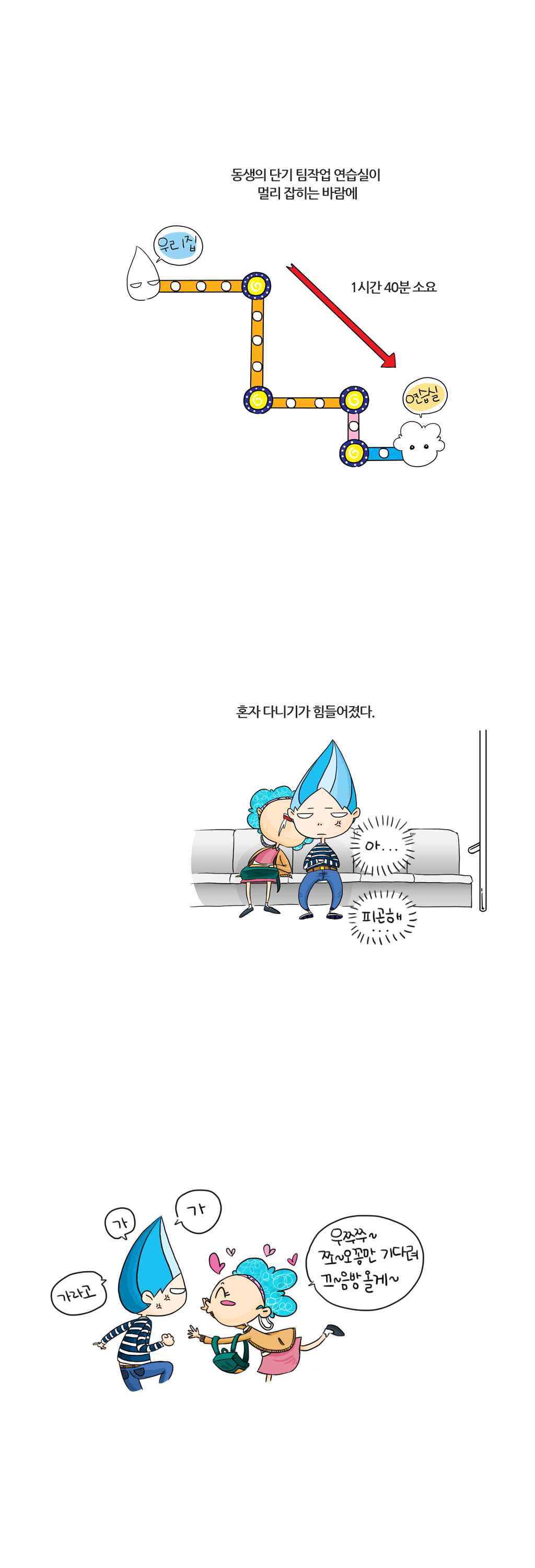 동생의 단기 팀작업 연습실이 
멀리 잡히는 바람에 
우리집 → 연습실
1시간 40분 소요
혼자 다니기가 힘들어졌다.
아... 피곤해...
가 가 가라고
우쭈쭈~ 쪼~오꼼만 기다려
끄~응방 올게~