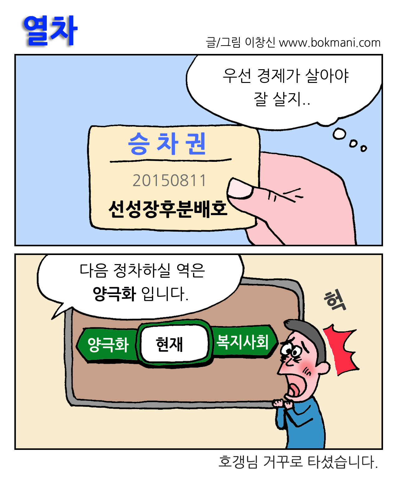 열차
글/그림 이창신 www.bokmani.com

우선 경제가 살아야 잘 살지..
승차원
20150811
선성장후분배호

다음 정차하실 역은 양극화 입니다.

양극화 현재 복지사회 
헉
호갱님 거꾸로 타셨습니다.
