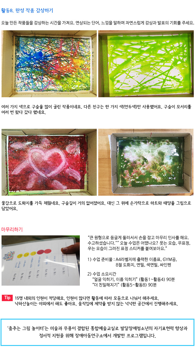 활동8. 완성 작품 감상하기
오늘 만든 작품들을 감상하는 시간을 가져요.
연상되는 단어, 느낌을 말하며 자연스럽게 감상과 발표의 기회를 주세요.
     
▶ 여러 가지 색으로 구슬을 많이 굴린 작품이네요. 
   다른 친구는 한 가지 색(연두색)만 사용했어요. 구슬이 모서리를 여러 번 왔다 갔다 했네요. 
    
▶ 물감으로 도화지를 가득 채웠네요. 구슬길이 거의 없어졌어요. 
   대신 그 위에 손가락으로 하트와 태양을 그림으로 담았어요.

마무리하기


“큰 원형으로 둥글게 둘러서서 손을 잡고 마무리 인사를 해요. 수고하셨습니다.^^ 오늘 수업은 어땠나요? 웃는 모습, 무표정, 우는 모습이 그려진 표정 스티커를 붙여보아요.”



◆ 수업 준비물 : A4라벨지에 출력한 이름표, GYM공, 8절 도화지, 연필, 색연필, 싸인펜

◆ 수업 소요시간
  “얼굴 익히기, 이름 익히기” (활동1~활동4) 90분 
  “더 친밀해지기” (활동5~활동8) 90분
  
Tip. 15명 내외의 인원이 적당해요. 인원이 많다면 활동에 따라 모둠으로 나눠서 해주세요. 낙하산놀이는 야외에서 해도 좋아요. 움직임에 제약을 받지 않는 넉넉한 공간에서 진행해주세요.

※ ‘춤추는 그림 놀이터’는 미술과 무용이 결합된 통합예술교실로 발달장애청소년의 자기표현력 향상과 정서적 지원을 위해 장애아동연구소에서 개발한 프로그램입니다. 
