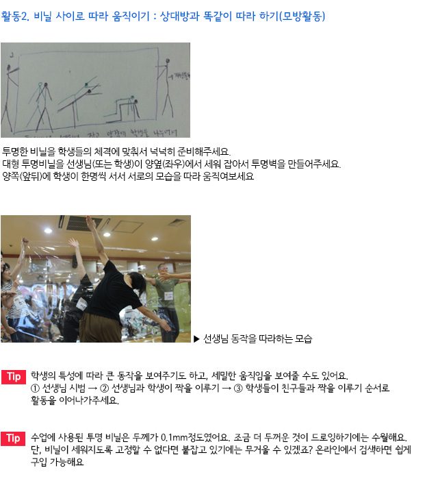 활동2. 비닐 투명한 비닐을 학생들의 체격에 맞춰서 넉넉히 준비해주세요.
대형 투명비닐을 선생님(또는 학생)이 양옆(좌우)에서 세워 잡아서 투명벽을 만들어주세요.
양쪽(앞뒤)에 학생이 한명씩 서서 서로의 모습을 따라 움직여보세요.

   선생님 동작을 따라하는 모습
Tip. 학생의 특성에 따라 큰 동작을 보여주기도 하고, 세밀한 움직임을 보여줄 수도 있어요.

① 선생님 시범 → ② 선생님과 학생이 짝을 이루기 → ③ 학생들이 친구들과 짝을 이루기
순서로 활동을 이어나가주세요.

Tip. 수업에 사용된 투명 비닐은 두께가 0.1mm정도였어요. 조금 더 두꺼운 것이 드로잉하기에는 수월해요. 단, 비닐이 세워지도록 고정할 수 없다면 붙잡고 있기에는 무거울 수 있겠죠? 온라인에서 검색하면 쉽게 구입 가능해요.
이로 따라 움직이기 : 상대방과 똑같이 따라 하기(모방활동)