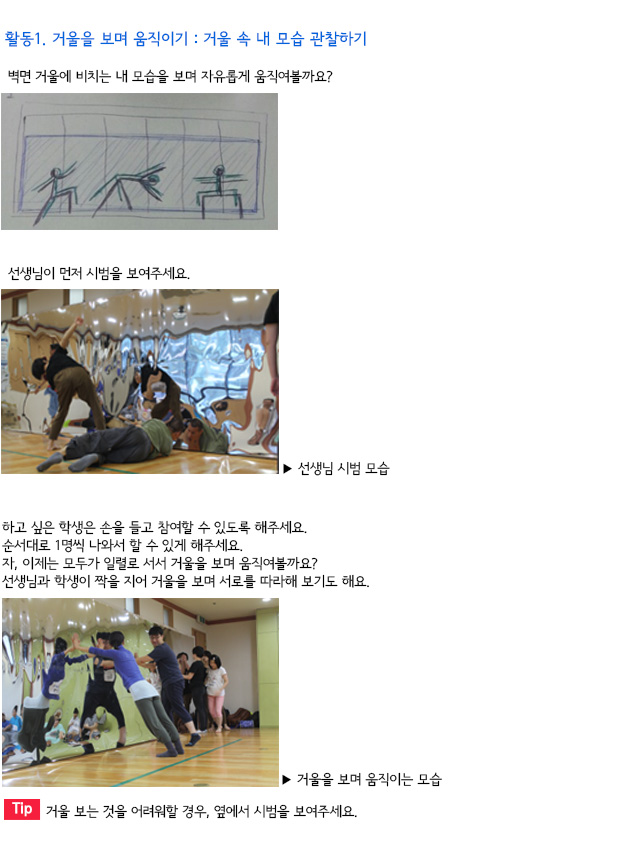 활동1. 거울을 보며 움직이기 : 거울 속 내 모습 관찰하기

벽면 거울에 비치는 내 모습을 보며 자유롭게 움직여볼까요?
선생님이 먼저 시범을 보여주세요.
선생님 시범 모습

하고 싶은 학생은 손을 들고 참여할 수 있도록 해주세요.
순서대로 1명씩 나와서 할 수 있게 해주세요. 
자, 이제는 모두가 일렬로 서서 거울을 보며 움직여볼까요?
선생님과 학생이 짝을 지어 거울을 보며 서로를 따라해 보기도 해요.
거울을 보며 움직이는 모습
Tip. 거울 보는 것을 어려워할 경우, 옆에서 시범을 보여주세요.

