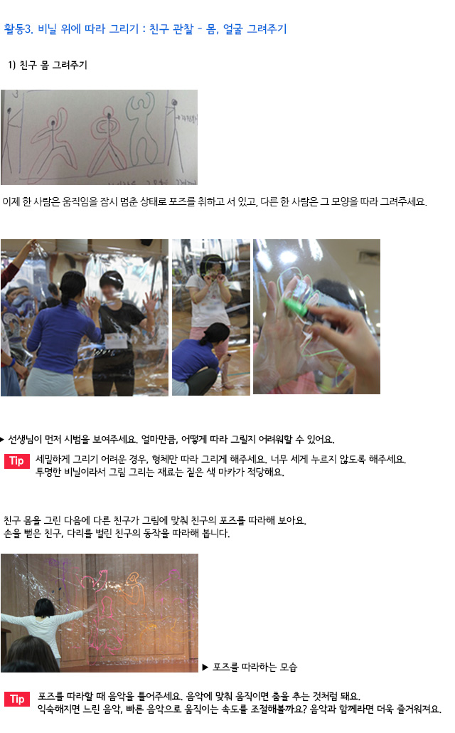 1) 친구 몸 그려주기
이제 한 사람은 움직임을 잠시 멈춘 상태로 포즈를 취하고 서 있고, 다른 한 사람은 그 모양을 따라 그려주세요.

       
 선생님이 먼저 시범을 보여주세요. 얼마만큼, 어떻게 따라 그릴지 어려워할 수 있어요.

Tip. 세밀하게 그리기 어려운 경우, 형체만 따라 그리게 해주세요. 너무 세게 누르지 않도록 해주세요. 투명한 비닐이라서 그림 그리는 재료는 짙은 색 마카가 적당해요.

친구 몸을 그린 다음에 다른 친구가 그림에 맞춰 친구의 포즈를 따라해 보아요.
손을 뻗은 친구, 다리를 벌린 친구의 동작을 따라해 봅니다.
  포즈를 따라하는 모습 
Tip. 포즈를 따라할 때 음악을 틀어주세요. 음악에 맞춰 움직이면 춤을 추는 것처럼 돼요. 익숙해지면 느린 음악, 빠른 음악으로 움직이는 속도를 조절해볼까요? 음악과 함께라면 더욱 즐거워져요.
