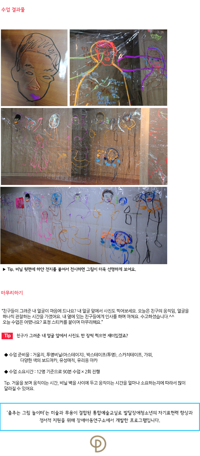 수업 결과물
Tip. 비닐 뒷면에 하얀 전지를 붙여서 전시하면 그림이 더욱 선명하게 보여요.

마무리하기

“친구들이 그려준 내 얼굴이 마음에 드나요? 내 얼굴 앞에서 사진도 찍어보세요. 오늘은 친구의 움직임, 얼굴을 하나씩 관찰하는 시간을 가졌어요. 내 옆에 있는 친구들에게 인사를 하며 마쳐요. 수고하셨습니다.^^ 오늘 수업은 어땠나요? 표정 스티커를 붙이며 마무리해요.”

Tip. 친구가 그려준 내 얼굴 앞에서 사진도 한 장씩 찍으면 재미있겠죠?

 수업 준비물 : 거울지, 투명비닐(아스테이지), 박스테이프(투명), 스카치테이프, 가위, 
                다양한 색의 보드마카, 유성매직, 유리용 마카

 수업 소요시간 : 12명 기준으로 90분 수업 × 2회 진행

Tip. 거울을 보며 움직이는 시간, 비닐 벽을 사이에 두고 움직이는 시간을 얼마나 소요하는지에 따라서 많이 달라질 수 있어요. 

 ‘춤추는 그림 놀이터’는 미술과 무용이 결합된 통합예술교실로 발달장애청소년의 자기표현력 향상과 정서적 지원을 위해 장애아동연구소에서 개발한 프로그램입니다.  
