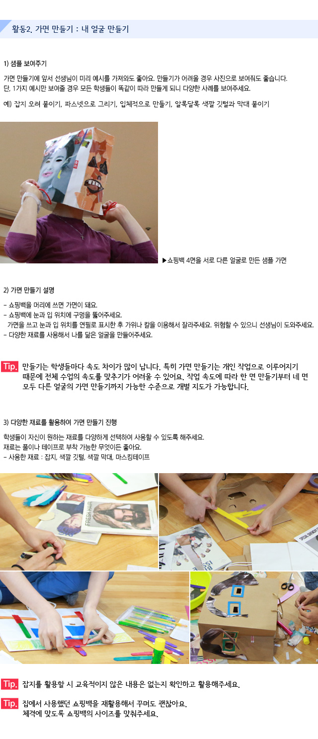 활동2. 가면 만들기 : 내 얼굴 만들기

1) 샘플 보여주기

가면 만들기에 앞서 선생님이 미리 예시를 가져와도 좋아요. 만들기가 어려울 경우 사진으로 보여줘도 좋습니다. 단, 1가지 예시만 보여줄 경우 모든 학생들이 똑같이 따라 만들게 되니 다양한 사례를 보여주세요.
예) 잡지 오려 붙이기, 파스넷으로 그리기, 입체적으로 만들기, 알록달록 색깔 깃털과 막대 붙이기

쇼핑백 4면을 서로 다른 얼굴로 만든 샘플 가면

2) 가면 만들기 설명
쇼핑백을 머리에 쓰면 가면이 돼요.
쇼핑백에 눈과 입 위치에 구멍을 뚫어주세요. 가면을 쓰고 눈과 입 위치를 연필로 표시한 후 가위나 칼을 이용해서 잘라주세요. 위험할 수 있으니 선생님이 도와주세요.
다양한 재료를 사용해서 나를 닮은 얼굴을 만들어주세요.

Tip. 만들기는 학생들마다 속도 차이가 많이 납니다. 특히 가면 만들기는 개인 작업으로 이루어지기 때문에 전체 수업의 속도를 맞추기가 어려울 수 있어요. 작업 속도에 따라 한 면 만들기부터 네 면 모두 다른 얼굴의 가면 만들기까지 가능한 수준으로 개별 지도가 가능합니다.
3) 다양한 재료를 활용하여 가면 만들기 진행

학생들이 자신이 원하는 재료를 다양하게 선택하여 사용할 수 있도록 해주세요.
재료는 풀이나 테이프로 부착 가능한 무엇이든 좋아요.
사용한 재료 : 잡지, 색깔 깃털, 색깔 막대, 마스킹테이프 
   
    
Tip. 잡지를 활용할 시 교육적이지 않은 내용은 없는지 확인하고 활용해주세요.
Tip. 집에서 사용했던 쇼핑백을 재활용해서 꾸며도 괜찮아요. 체격에 맞도록 쇼핑백의 사이즈를 맞춰주세요.