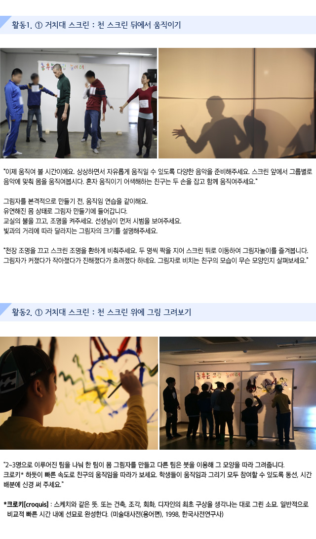 활동1. ① 거치대 스크린 : 천 스크린 뒤에서 움직이기

    
이제 움직여 볼 시간이에요. 상상하면서 자유롭게 움직일 수 있도록 다양한 음악을 준비해주세요. 스크린 앞에서 그룹별로 음악에 맞춰 몸을 움직여봅시다. 
혼자 움직이기 어색해하는 친구는 두 손을 잡고 함께 움직여주세요.

그림자를 본격적으로 만들기 전, 움직임 연습을 같이해요.
유연해진 몸 상태로 그림자 만들기에 들어갑니다.
교실의 불을 끄고, 조명을 켜주세요. 선생님이 먼저 시범을 보여주세요.
빛과의 거리에 따라 달라지는 그림자의 크기를 설명해주세요.

천장 조명을 끄고 스크린 조명을 환하게 비춰주세요. 두 명씩 짝을 지어 스크린 뒤로 이동하여 그림자놀이를 즐겨봅니다. 그림자가 커졌다가 작아졌다가 진해졌다가 흐려졌다 하네요. 그림자로 비치는 친구의 모습이 무슨 모양인지 살펴보세요.

활동2. ① 거치대 스크린 : 천 스크린 위에 그림 그려보기

    
2~3명으로 이루어진 팀을 나눠 한 팀이 몸 그림자를 만들고 다른 팀은 붓을 이용해 그 모양을 따라 그려줍니다. 크로키하듯이 빠른 속도로 친구의 움직임을 따라가 보세요. 학생들이 움직임과 그리기 모두 참여할 수 있도록 동선, 시간 배분에 신경 써 주세요”

크로키[croquis] : 스케치와 같은 뜻. 또는 건축, 조각, 회화, 디자인의 최초 구상을 생각나는 대로 그린 소묘. 일반적으로 비교적 빠른 시간 내에 선묘로 완성한다. (미술대사전(용어편), 1998, 한국사전연구사)

