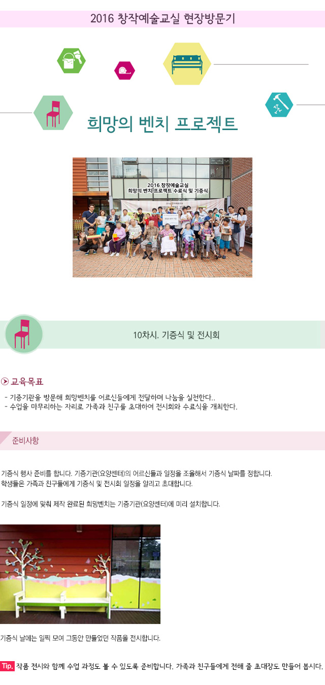 교육목표
- 기증기관을 방문해 희망벤치를 어르신들에게 전달하며 나눔을 실천한다.
- 수업을 마무리하는 자리로 가족과 친구를 초대하여 전시회와 수료식을 개최한다.
준비 사항
기증식 행사 준비를 합니다.
기증기관(요양센터)의 어르신들과 일정을 조율해서 기증식 날짜를 정합니다.
학생들은 가족과 친구들에게 기증식 및 전시회 일정을 알리고 초대합니다.
기증식 일정에 맞춰 제작 완료된 희망벤치는 기증기관(요양센터)에 미리 설치합니다.
기증식 날에는 일찍 모여 그동안 만들었던 작품을 전시합니다.
Tip. 작품 전시와 함께 수업 과정도 볼 수 있도록 준비합니다. 가족과 친구들에게 전해 줄 초대장도 만들어 봅시다.
