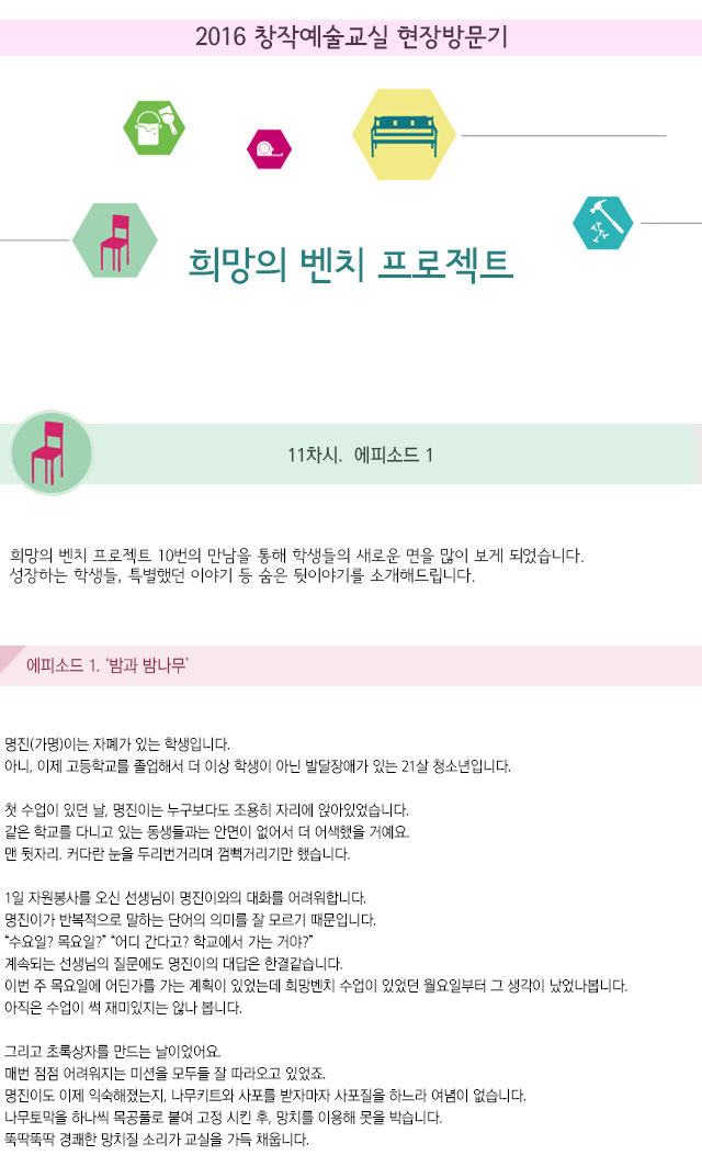 2016 창작예술교실 현장방문기
희망의 벤치 프로젝트
11차. 에피소드 1
희망의 벤치 프로젝트 10번의 만남을 통해 학생들의 새로운 면을 많이 보게 되었습니다.
성장하는 학생들, 특별했던 이야기 등 숨은 뒷이야기를 소개해드립니다.
에피소드 1. 밤과 밤나무
명진(가명)이는 자폐가 있는 학생입니다. 
아니, 이제 고등학교를 졸업해서 더 이상 학생이 아닌 발달장애가 있는 21살 청소년입니다.
첫 수업이 있던 날, 명진이는 누구보다도 조용히 자리에 앉아있었습니다.
같은 학교를 다니고 있는 동생들과는 안면이 없어서 더 어색했을 거예요.
맨 뒷자리. 커다란 눈을 두리번거리며 껌뻑거리기만 했습니다.
1일 자원봉사를 오신 선생님이 명진이와의 대화를 어려워합니다.
명진이가 반복적으로 말하는 단어의 의미를 잘 모르기 때문입니다.
수요일? 목요일? 어디 간다고? 학교에서 가는 거야?
계속되는 선생님의 질문에도 명진이의 대답은 한결같습니다.
이번 주 목요일에 어딘가를 가는 계획이 있었는데 희망벤치 수업이 있었던 월요일부터 그 생각이 났었나봅니다. 아직은 수업이 썩 재미있지는 않나 봅니다.
그리고 초록상자를 만드는 날이었어요.
매번 점점 어려워지는 미션을 모두들 잘 따라오고 있었죠.
명진이도 이제 익숙해졌는지, 나무키트와 사포를 받자마자 사포질을 하느라 여념이 없습니다. 나무토막을 하나씩 목공풀로 붙여 고정 시킨 후, 망치를 이용해 못을 박습니다. 뚝딱뚝딱 경쾌한 망치질 소리가 교실을 가득 채웁니다.
