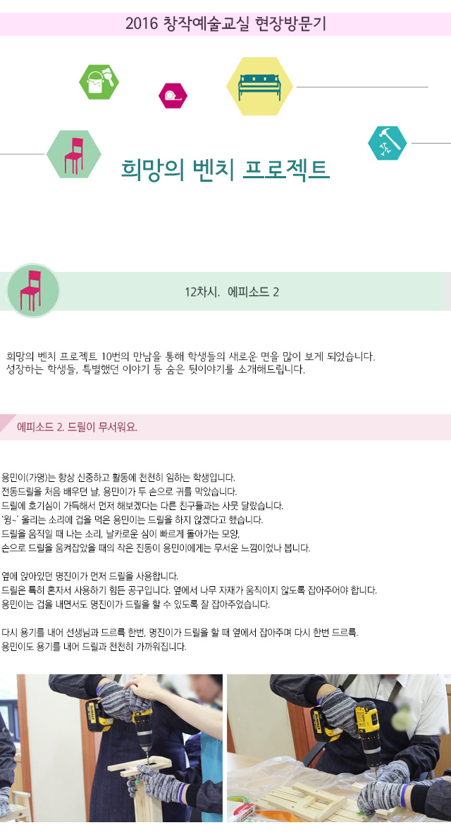 2016 창작예술교실 현장방문기
희망의 벤치 프로젝트
12차. 에피소드 2
희망의 벤치 프로젝트 10번의 만남을 통해 학생들의 새로운 면을 많이 보게 되었습니다.
성장하는 학생들, 특별했던 이야기 등 숨은 뒷이야기를 소개해드립니다.
에피소드2. 드릴이 무서워요.
용민이(가명)는 항상 신중하고 활동에 천천히 임하는 학생입니다.
전동드릴을 처음 배우던 날, 용민이가 두 손으로 귀를 막았습니다.
드릴에 호기심이 가득해서 먼저 해보겠다는 다른 친구들과는 사뭇 달랐습니다.
‘윙~’ 울리는 소리에 겁을 먹은 용민이는 드릴을 하지 않겠다고 했습니다.
드릴을 움직일 때 나는 소리, 날카로운 심이 빠르게 돌아가는 모양,손으로 드릴을 움켜잡았을 때의 작은 진동이 용민이에게는 무서운 느낌이었나 봅니다.
옆에 앉아있던 명진이가 먼저 드릴을 사용합니다.
드릴은 특히 혼자서 사용하기 힘든 공구입니다. 옆에서 나무 자재가 움직이지 않도록 잡아주어야 합니다. 용민이는 겁을 내면서도 명진이가 드릴을 할 수 있도록 잘 잡아주었습니다.
다시 용기를 내어 선생님과 드르륵 한번, 명진이가 드릴을 할 때 옆에서 잡아주며 다시 한번 드르륵. 용민이도 용기를 내어 드릴과 천천히 가까워집니다.